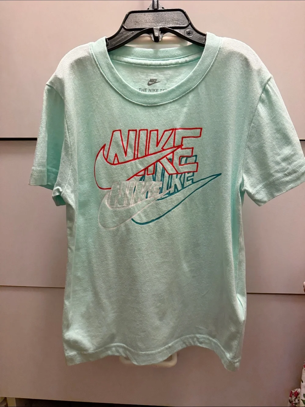 Nike Kids Mint Green Graphic Tee with Red & Teal Logos